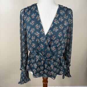 Walter Baker Floral Sheer Blouse Boho Peplum Smocked Sleeve Teal Medium